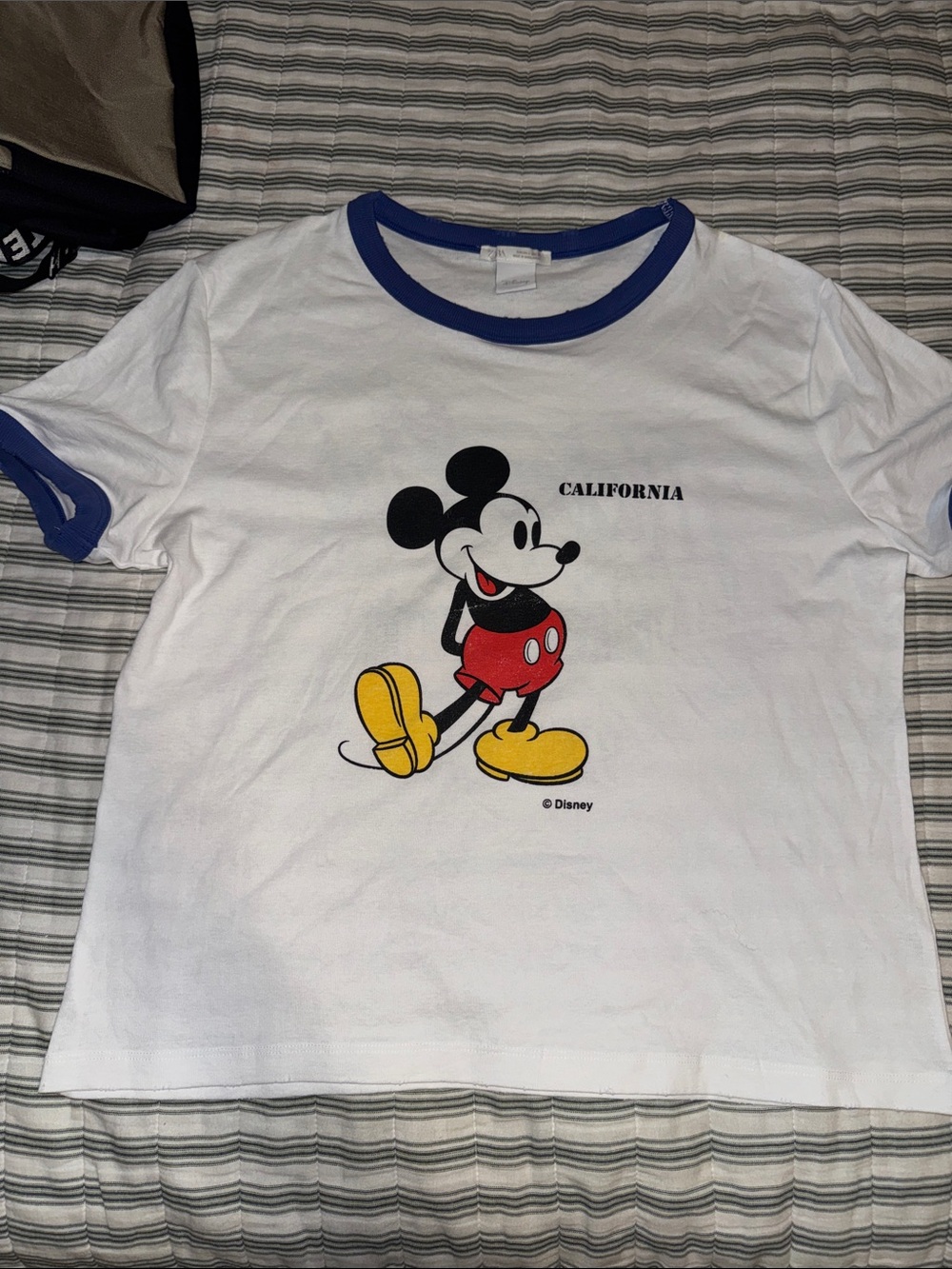 Disney ZARA White Ringer Tee with Blue Trim and Mickey Graphic